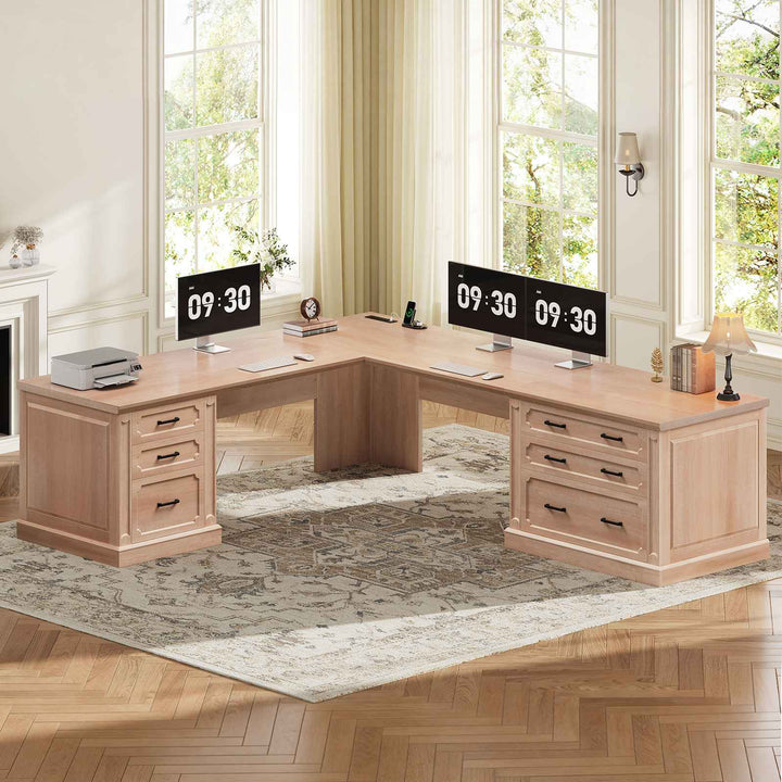 SEDETA | 78.7 Inch Corner Wood Computer Desk Farmhouse L Shaped Executive Desk with Power Outlet 6 Storage File Drawers