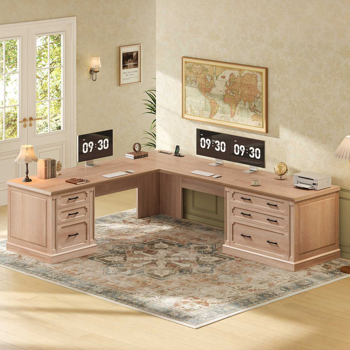 SEDETA | 78.7 Inch Corner Wood Computer Desk Farmhouse L Shaped Executive Desk with Power Outlet 6 Storage File Drawers