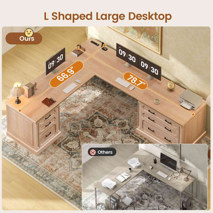 SEDETA | 78.7 Inch Corner Wood Computer Desk Farmhouse L Shaped Executive Desk with Power Outlet 6 Storage File Drawers