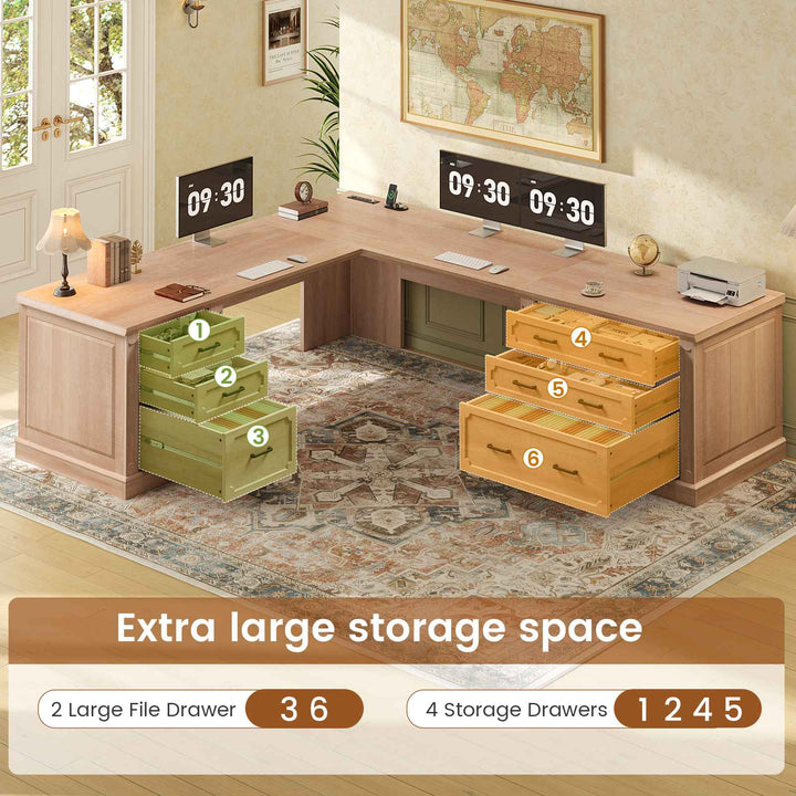 SEDETA | 78.7 Inch Corner Wood Computer Desk Farmhouse L Shaped Executive Desk with Power Outlet 6 Storage File Drawers