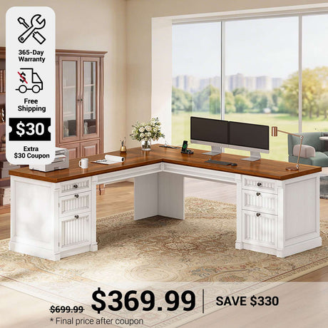 SEDETA 67 Inch L Shaped Computer Desk Large Office Executive  Desk with 4 File Drawers Storage Cabinet Power Strip