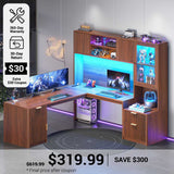 SEDETA® 67 Inch Fluted L Shaped Computer Desk Gaming Desk with RGB LED Glass Display Cabinet File Drawer Storage Cabinet Hutch   Power Outlets