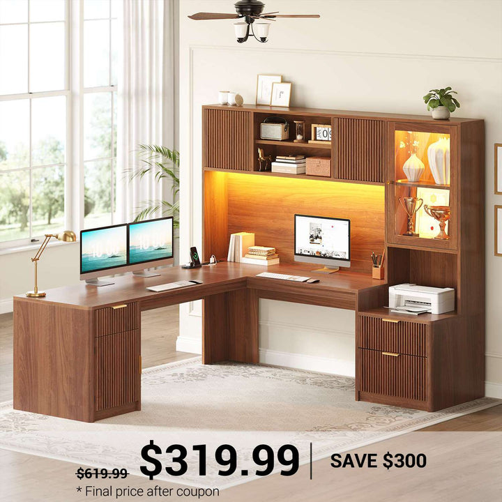 SEDETA | 67 Inch Fluted Computer Desk L Shaped Gaming Desk with Power Outlets RGB LED Glass Display Hutch File Drawer Storage Cabinet