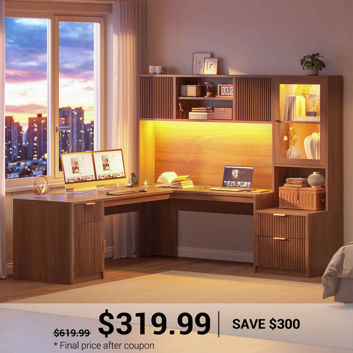 SEDETA | 67 Inch Fluted Computer Desk L Shaped Gaming Desk with Power Outlets RGB LED Glass Display Hutch File Drawer Storage Cabinet