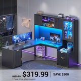 SEDETA | 67 Inch Fluted Computer Desk L Shaped Gaming Desk with Power Outlets RGB LED Glass Display Hutch File Drawer Storage Cabinet