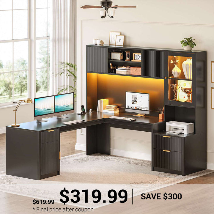 SEDETA | 67 Inch Fluted Computer Desk L Shaped Gaming Desk with Power Outlets RGB LED Glass Display Hutch File Drawer Storage Cabinet