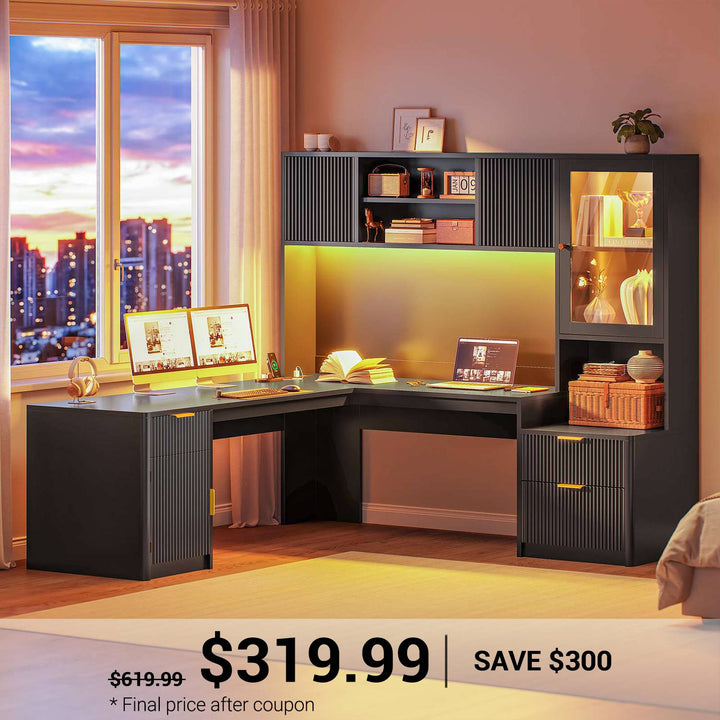 SEDETA | 67 Inch Fluted Computer Desk L Shaped Gaming Desk with Power Outlets RGB LED Glass Display Hutch File Drawer Storage Cabinet