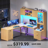 SEDETA | 67 Inch Fluted Computer Desk L Shaped Gaming Desk with Power Outlets RGB LED Glass Display Hutch File Drawer Storage Cabinet