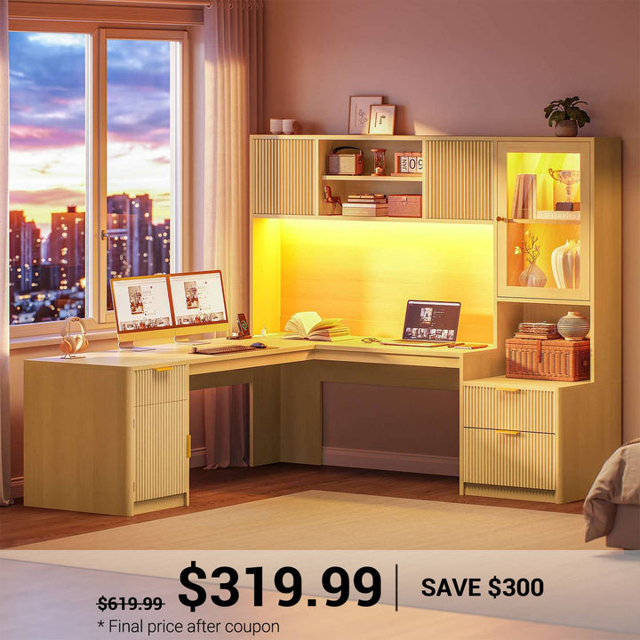 SEDETA | 67 Inch Fluted Computer Desk L Shaped Gaming Desk with Power Outlets RGB LED Glass Display Hutch File Drawer Storage Cabinet