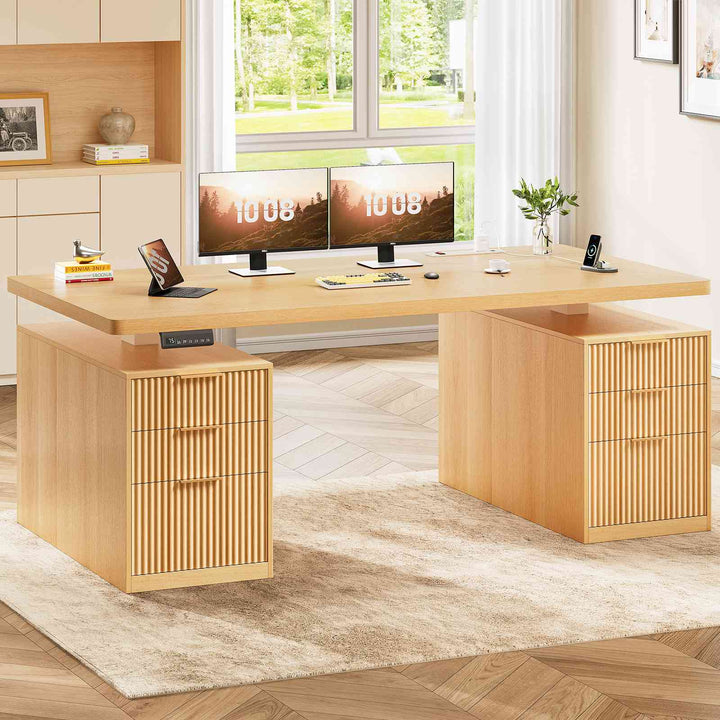 SEDETA 55 Inch Fluted Electric Standing Desk with 6 Drawers Height Adjustable Stand up Desk with Storage Computer Desks with Power Outlets