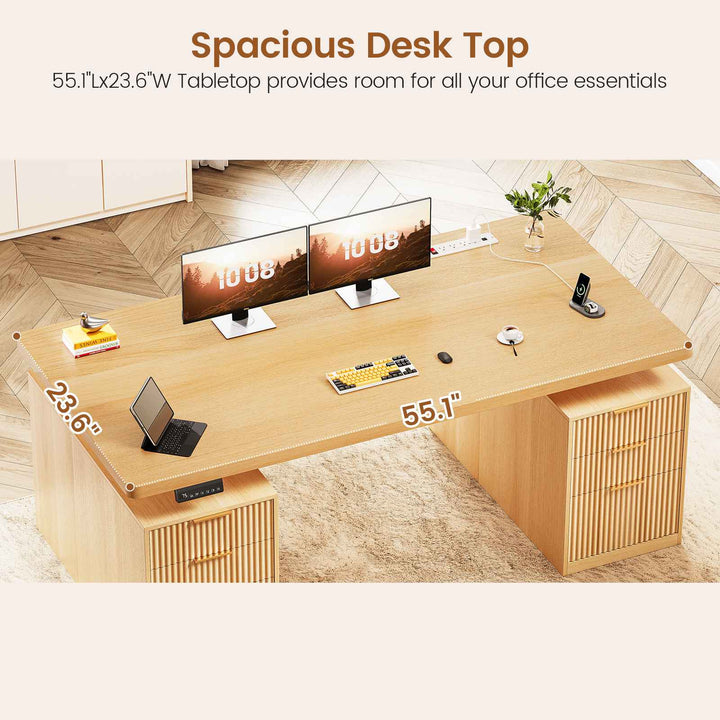 SEDETA 55 Inch Fluted Electric Standing Desk with 6 Drawers Height Adjustable Stand up Desk with Storage Computer Desks with Power Outlets