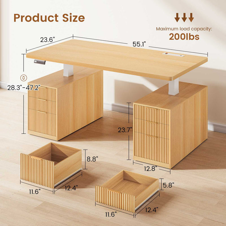 SEDETA 55 Inch Fluted Electric Standing Desk with 6 Drawers Height Adjustable Stand up Desk with Storage Computer Desks with Power Outlets