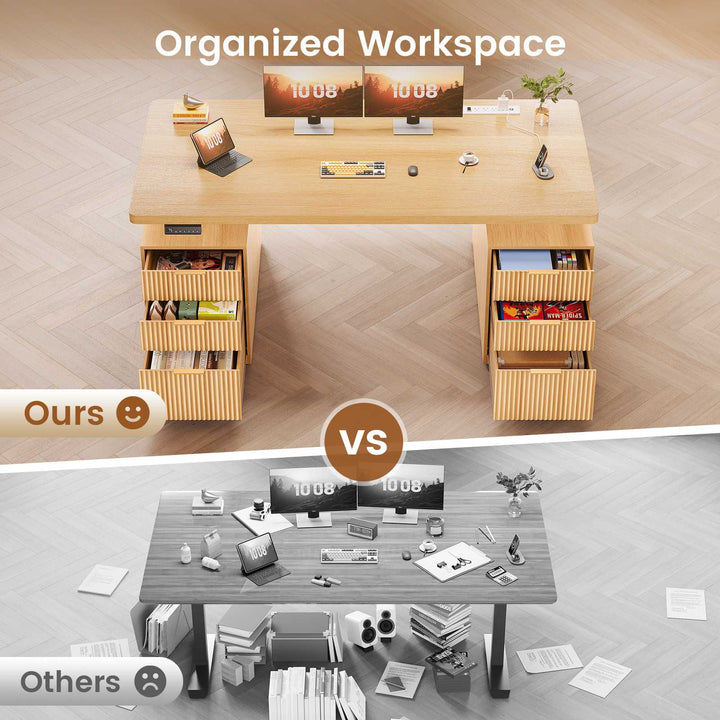 SEDETA 55 Inch Fluted Electric Standing Desk with 6 Drawers Height Adjustable Stand up Desk with Storage Computer Desks with Power Outlets