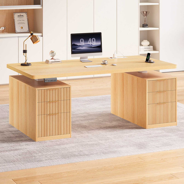 SEDETA 55 Inch Fluted Electric Standing Desk with 6 Drawers Height Adjustable Stand up Desk with Storage Computer Desks with Power Outlets