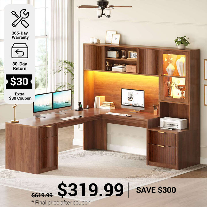 SEDETA® 67 Inch Fluted L Shaped Computer Desk Gaming Desk with RGB LED Glass Display Cabinet File Drawer Storage Cabinet Hutch   Power Outlets