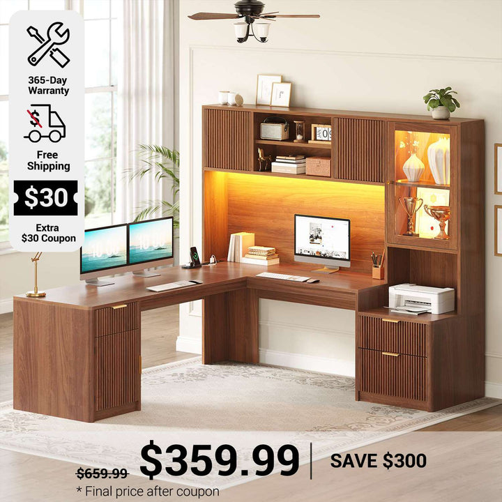 SEDETA 67 Inch Fluted L Shaped Computer Desk Home Office Desk with Power Outlets Hutch RGB LED Glass Display Cabinet File Drawer Storage Cabinet