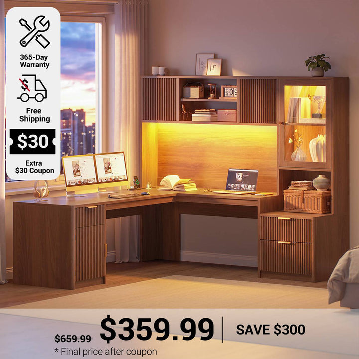 SEDETA 67 Inch Fluted L Shaped Computer Desk Home Office Desk with Power Outlets Hutch RGB LED Glass Display Cabinet File Drawer Storage Cabinet