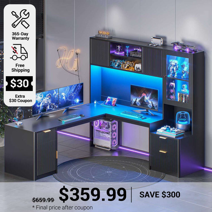 SEDETA 67 Inch Fluted L Shaped Computer Desk Home Office Desk with Power Outlets Hutch RGB LED Glass Display Cabinet File Drawer Storage Cabinet