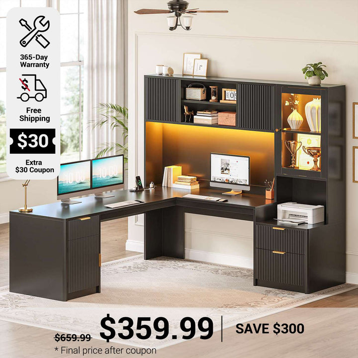 SEDETA 67 Inch Fluted L Shaped Computer Desk Home Office Desk with Power Outlets Hutch RGB LED Glass Display Cabinet File Drawer Storage Cabinet