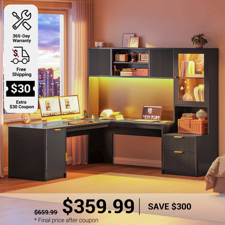 SEDETA 67 Inch Fluted L Shaped Computer Desk Home Office Desk with Power Outlets Hutch RGB LED Glass Display Cabinet File Drawer Storage Cabinet