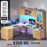 SEDETA 67 Inch Fluted L Shaped Computer Desk Home Office Desk with Power Outlets Hutch RGB LED Glass Display Cabinet File Drawer Storage Cabinet