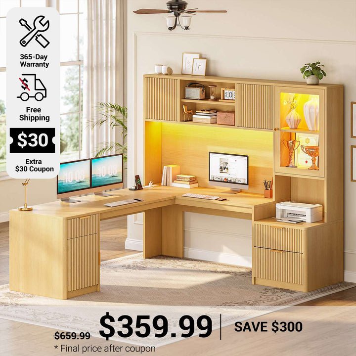 SEDETA 67 Inch Fluted L Shaped Computer Desk Home Office Desk with Power Outlets Hutch RGB LED Glass Display Cabinet File Drawer Storage Cabinet