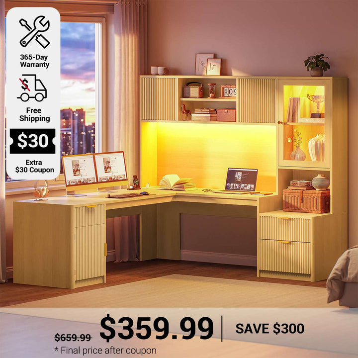 SEDETA 67 Inch Fluted L Shaped Computer Desk Home Office Desk with Power Outlets Hutch RGB LED Glass Display Cabinet File Drawer Storage Cabinet