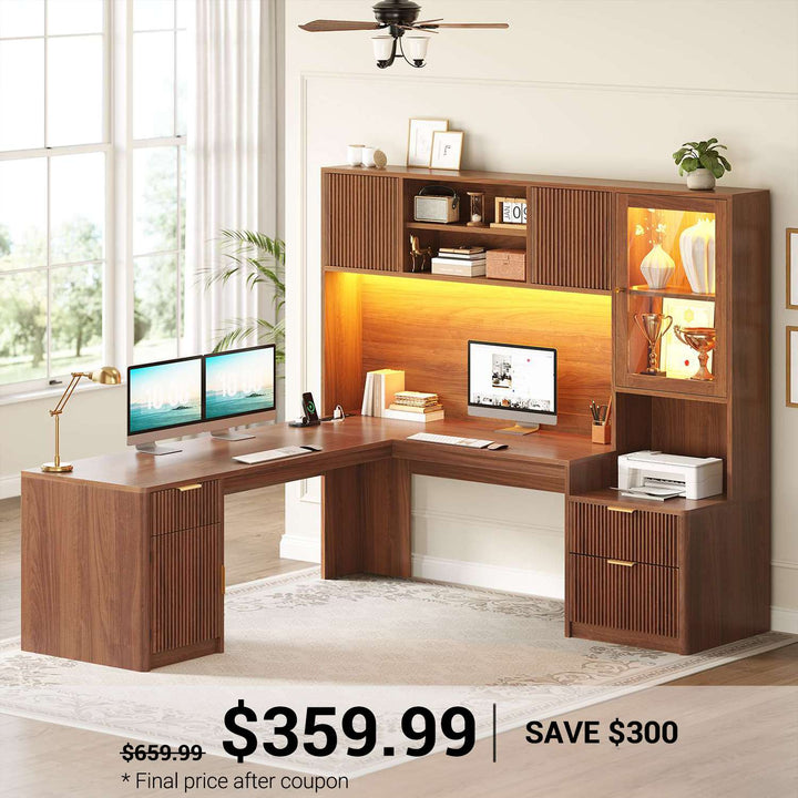 SEDETA 67 Inch Fluted L Shaped Computer Desk Home Office Desk with Power Outlets Hutch RGB LED Glass Display Cabinet File Drawer Storage Cabinet