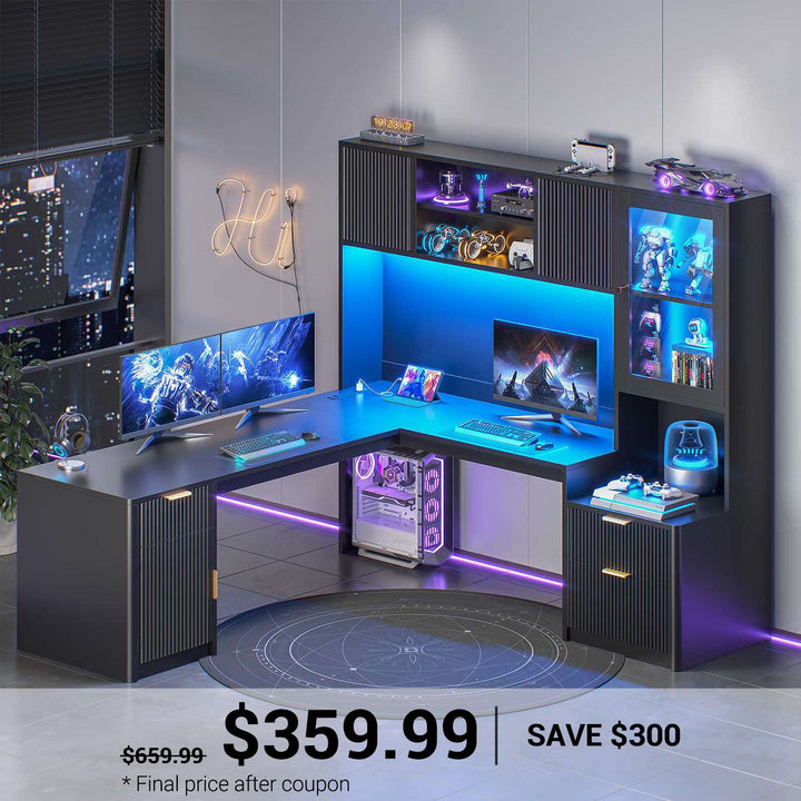 SEDETA 67 Inch Fluted L Shaped Computer Desk Home Office Desk with Power Outlets Hutch RGB LED Glass Display Cabinet File Drawer Storage Cabinet
