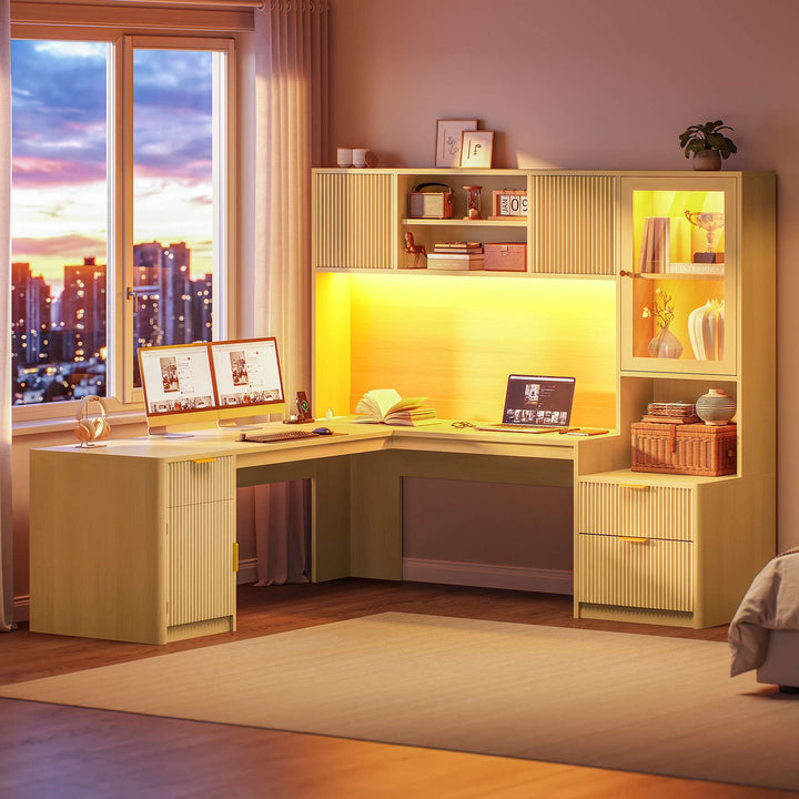 SEDETA | 67 Inch Fluted Computer Desk L Shaped Gaming Desk with Power Outlets RGB LED Glass Display Hutch File Drawer Storage Cabinet