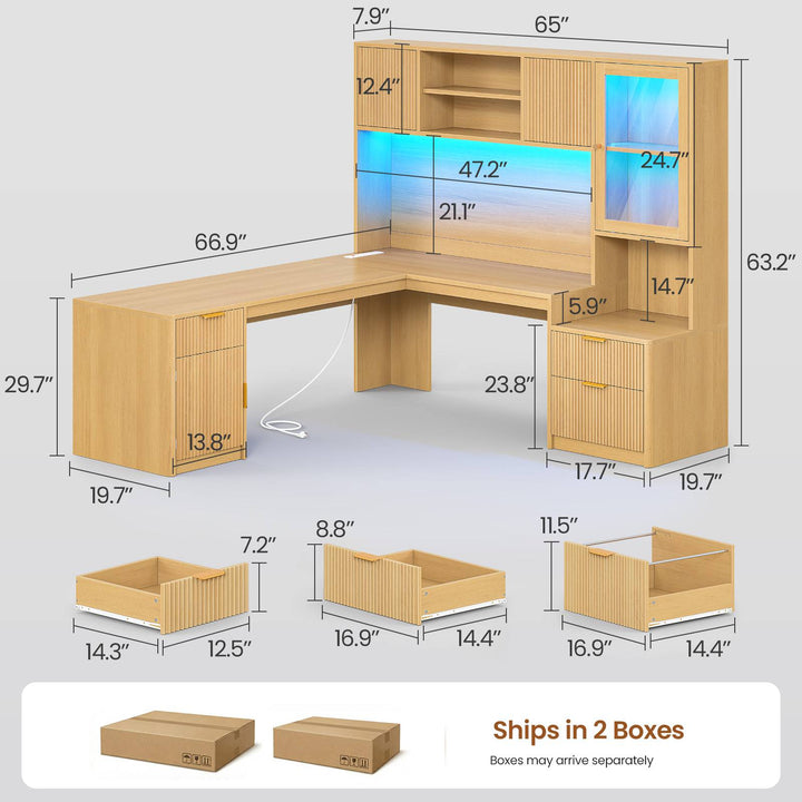 SEDETA | 67 Inch Fluted Computer Desk L Shaped Gaming Desk with Power Outlets RGB LED Glass Display Hutch File Drawer Storage Cabinet