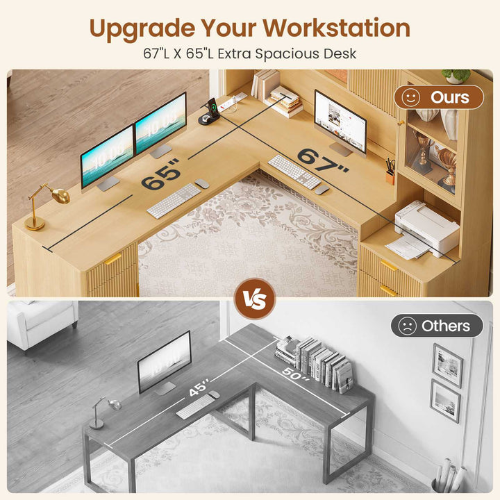 SEDETA | 67 Inch Fluted Computer Desk L Shaped Gaming Desk with Power Outlets RGB LED Glass Display Hutch File Drawer Storage Cabinet