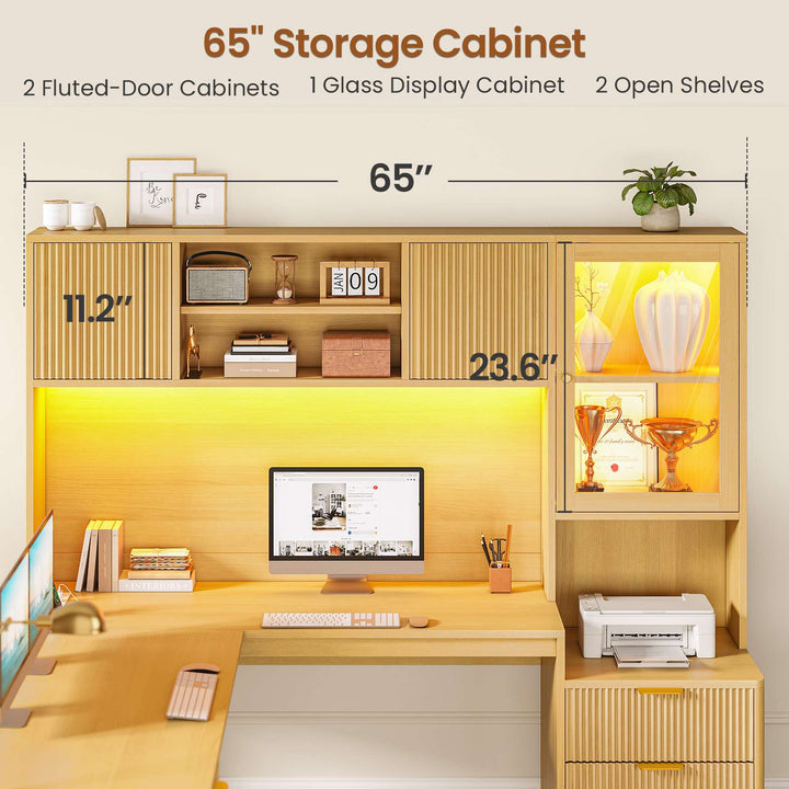 SEDETA | 67 Inch Fluted Computer Desk L Shaped Gaming Desk with Power Outlets RGB LED Glass Display Hutch File Drawer Storage Cabinet