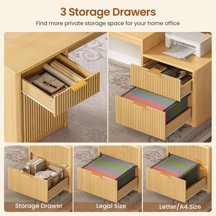 SEDETA | 67 Inch Fluted Computer Desk L Shaped Gaming Desk with Power Outlets RGB LED Glass Display Hutch File Drawer Storage Cabinet