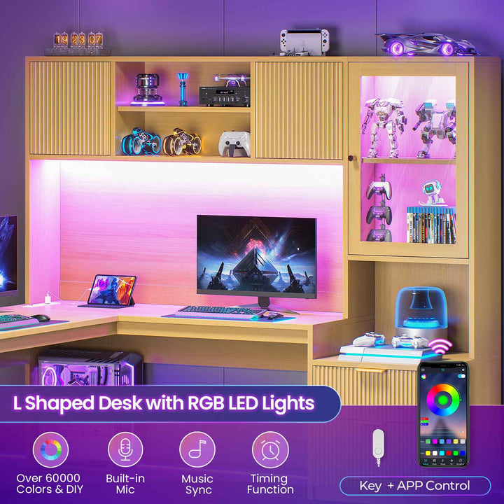SEDETA | 67 Inch Fluted Computer Desk L Shaped Gaming Desk with Power Outlets RGB LED Glass Display Hutch File Drawer Storage Cabinet