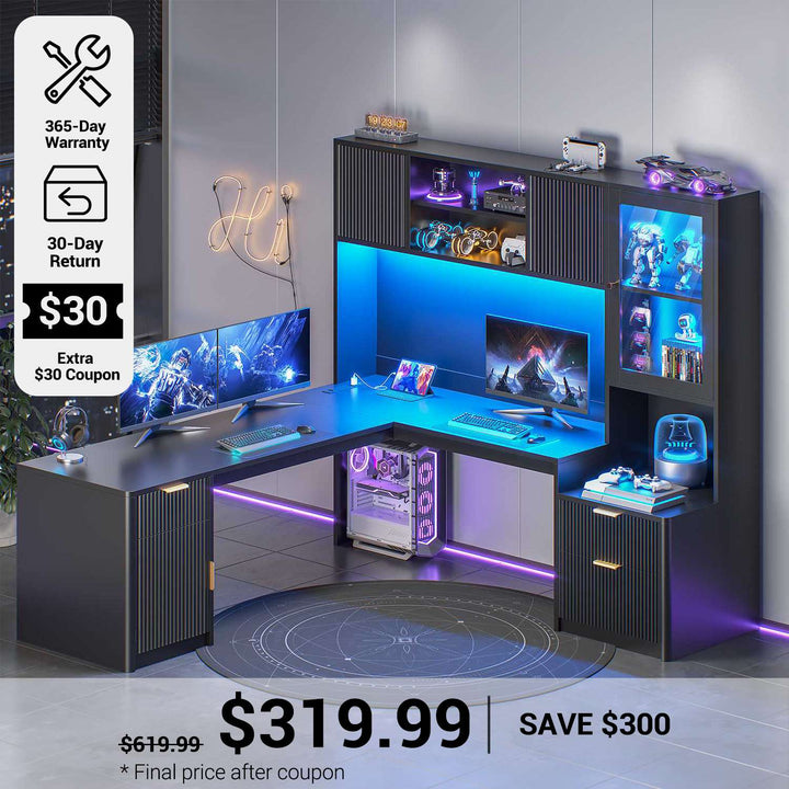 SEDETA® 67 Inch Fluted L Shaped Computer Desk Gaming Desk with RGB LED Glass Display Cabinet File Drawer Storage Cabinet Hutch   Power Outlets
