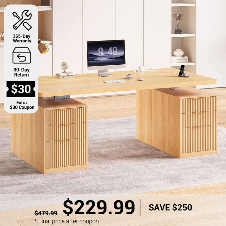 SEDETA® 55 Inch Fluted Electric Standing Desk Ergonomic Height Adjustable Executive Computer Desks with Storage 6 Drawers Power Outlets