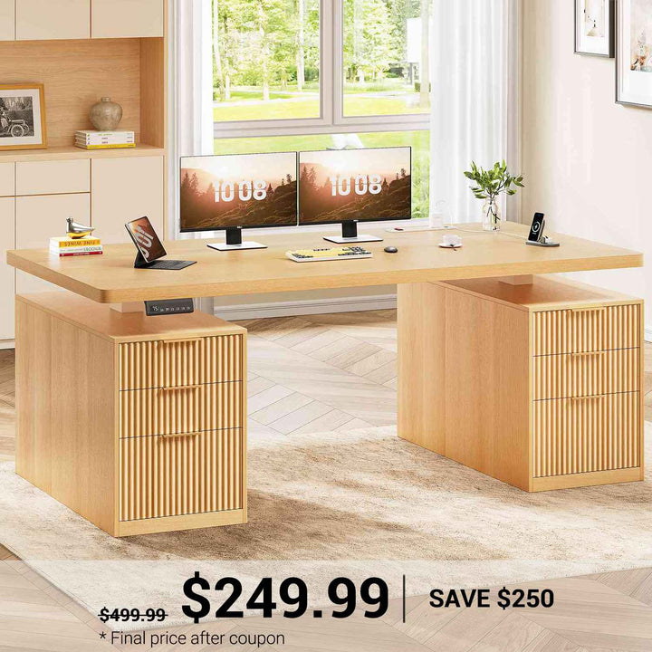 SEDETA 55 Inch Fluted Electric Standing Desk with 6 Drawers Height Adjustable Stand up Desk with Storage Computer Desks with Power Outlets