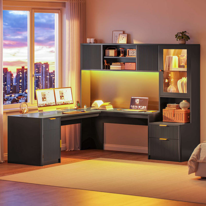 SEDETA | 67 Inch Fluted Computer Desk L Shaped Gaming Desk with Power Outlets RGB LED Glass Display Hutch File Drawer Storage Cabinet