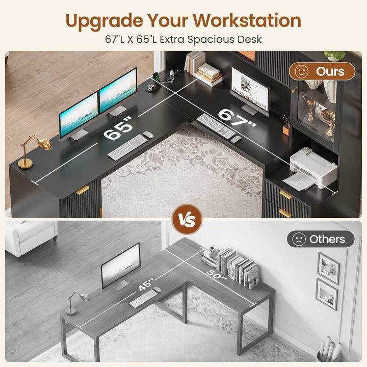 SEDETA | 67 Inch Fluted Computer Desk L Shaped Gaming Desk with Power Outlets RGB LED Glass Display Hutch File Drawer Storage Cabinet