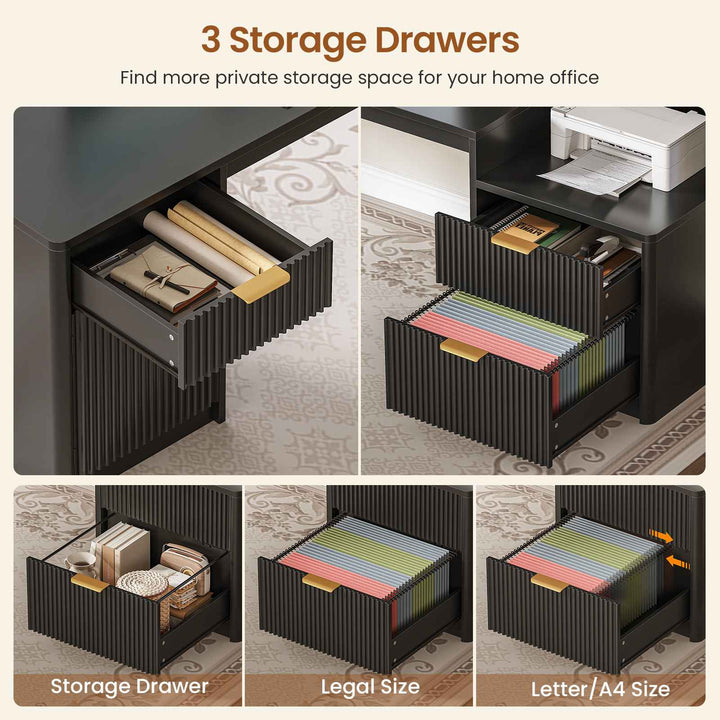 SEDETA | 67 Inch Fluted Computer Desk L Shaped Gaming Desk with Power Outlets RGB LED Glass Display Hutch File Drawer Storage Cabinet