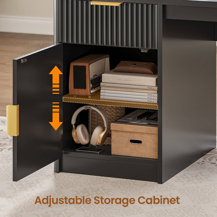 SEDETA | 67 Inch Fluted Computer Desk L Shaped Gaming Desk with Power Outlets RGB LED Glass Display Hutch File Drawer Storage Cabinet