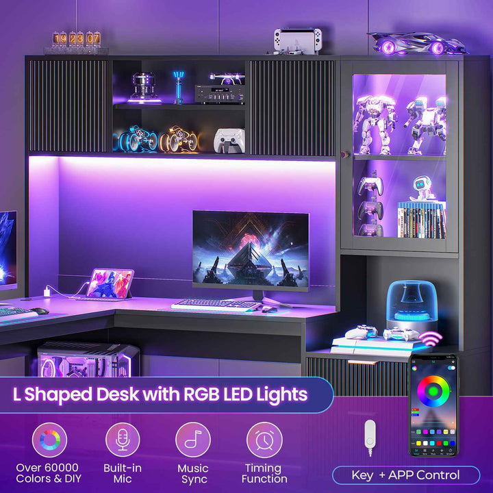 SEDETA | 67 Inch Fluted Computer Desk L Shaped Gaming Desk with Power Outlets RGB LED Glass Display Hutch File Drawer Storage Cabinet