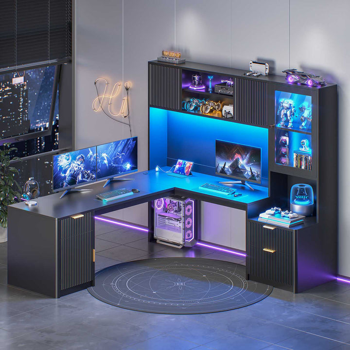 SEDETA | 67 Inch Fluted Computer Desk L Shaped Gaming Desk with Power Outlets RGB LED Glass Display Hutch File Drawer Storage Cabinet