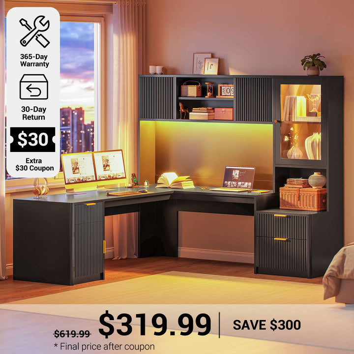 SEDETA® 67 Inch Fluted L Shaped Computer Desk Gaming Desk with RGB LED Glass Display Cabinet File Drawer Storage Cabinet Hutch   Power Outlets