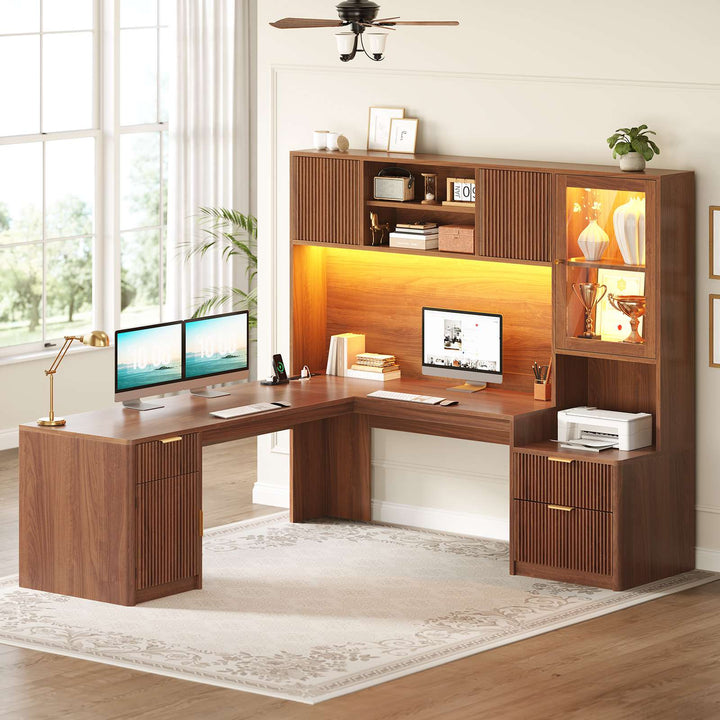 SEDETA | 67 Inch Fluted Computer Desk L Shaped Gaming Desk with Power Outlets RGB LED Glass Display Hutch File Drawer Storage Cabinet