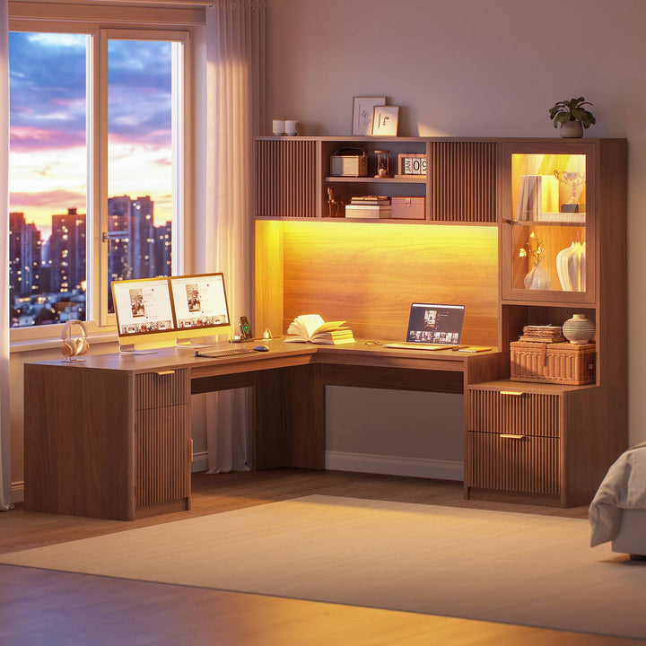 SEDETA | 67 Inch Fluted Computer Desk L Shaped Gaming Desk with Power Outlets RGB LED Glass Display Hutch File Drawer Storage Cabinet