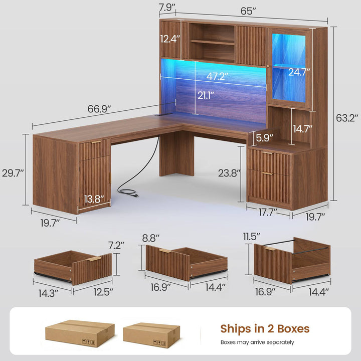SEDETA | 67 Inch Fluted Computer Desk L Shaped Gaming Desk with Power Outlets RGB LED Glass Display Hutch File Drawer Storage Cabinet