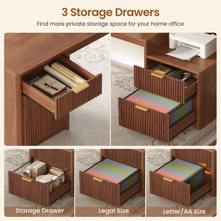 SEDETA | 67 Inch Fluted Computer Desk L Shaped Gaming Desk with Power Outlets RGB LED Glass Display Hutch File Drawer Storage Cabinet