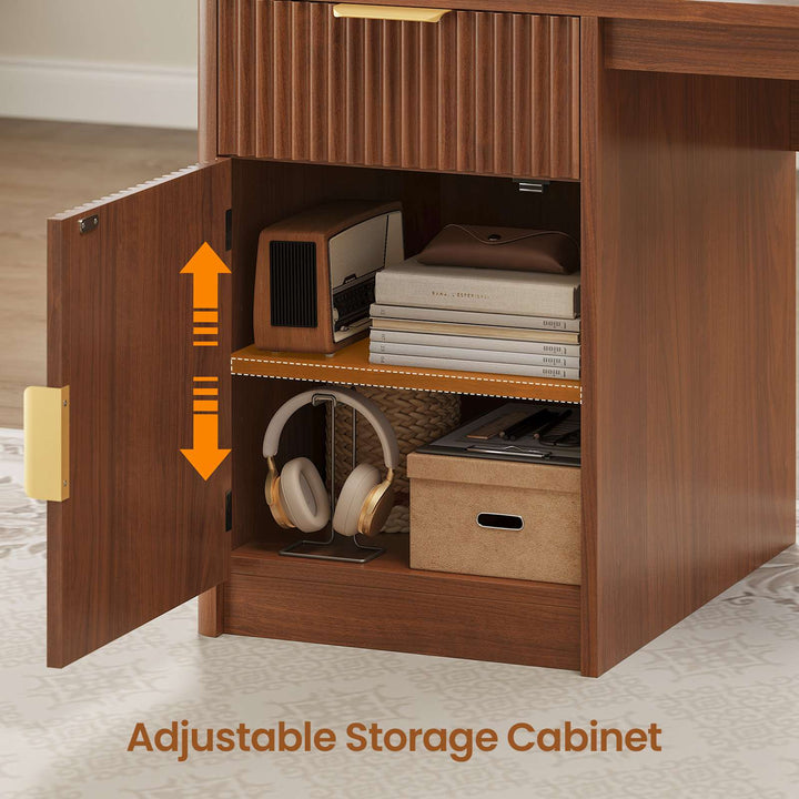 SEDETA | 67 Inch Fluted Computer Desk L Shaped Gaming Desk with Power Outlets RGB LED Glass Display Hutch File Drawer Storage Cabinet